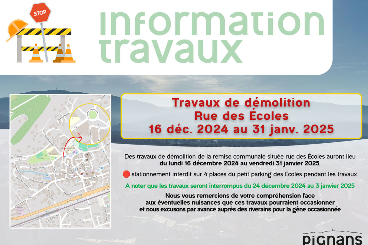 Travaux de démolition – Rue des Écoles – du 16/12 au 31/01