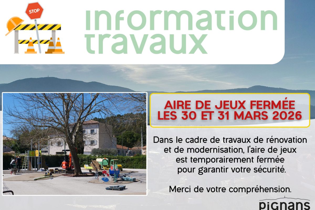 Aire de jeux fermée les 30 et 31 Mars 2026