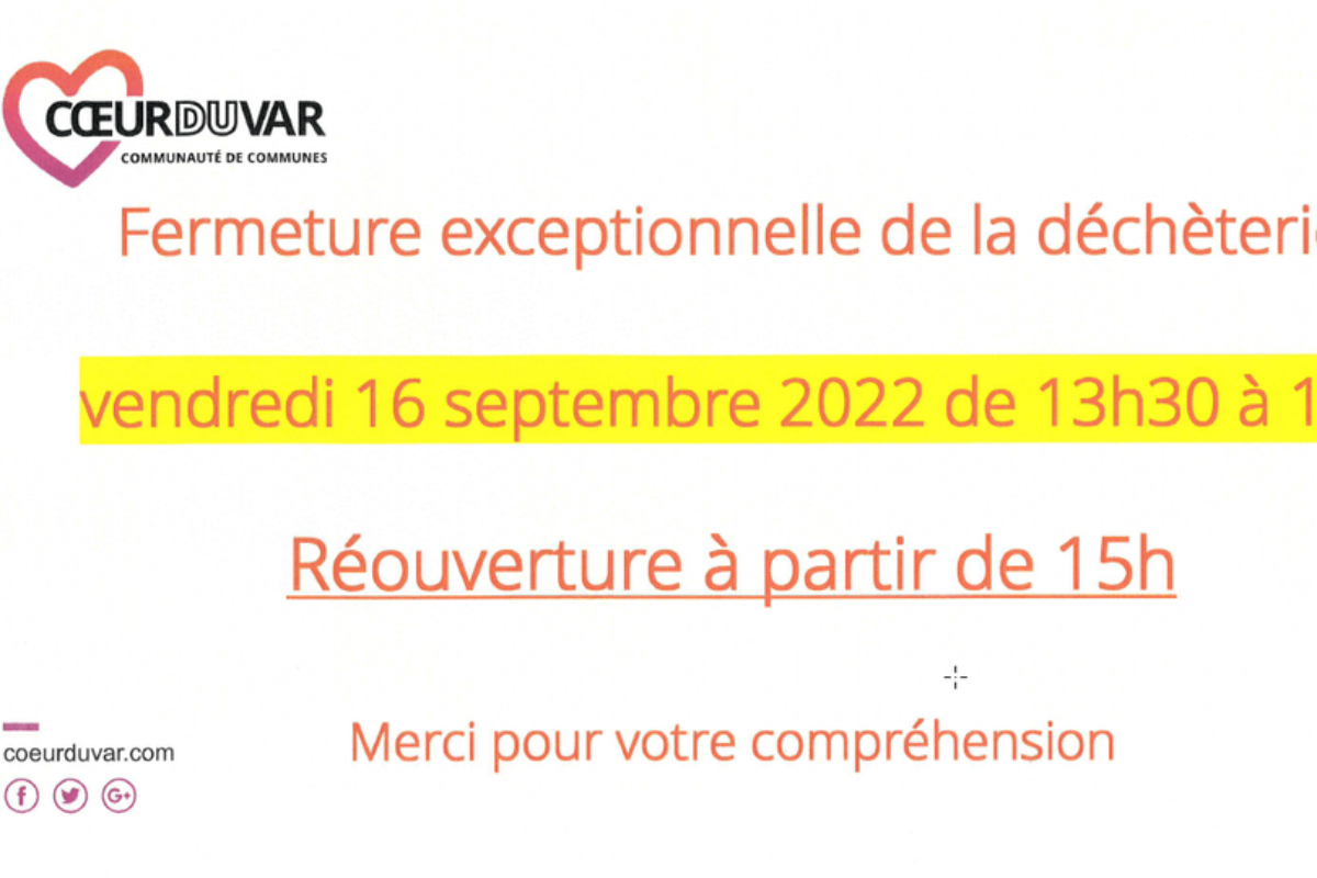 [Déchetterie] Fermeture exceptionnelle le 16 sept. de 13h30 à 15h