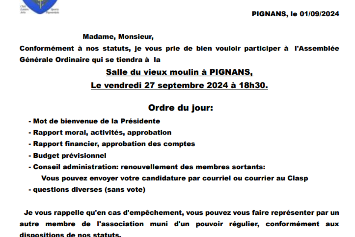 27 sept – Assemblée Générale du CLASP