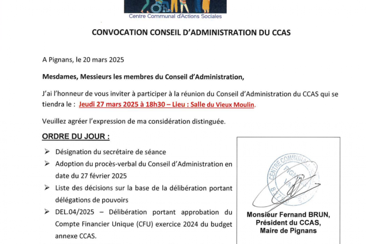Convocation Conseil d’Administration du CCAS – Mars 2025