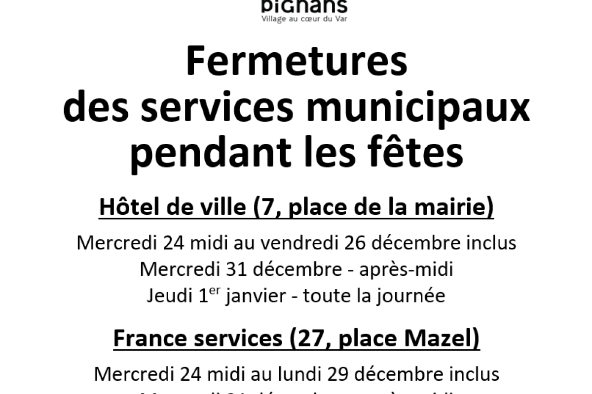 Fermetures des services municipaux pendant les fêtes de fin d’année 2025