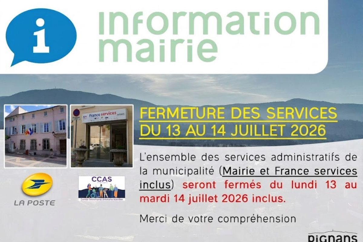 Mairie et France services fermés le 13 et 14 juillet 2026