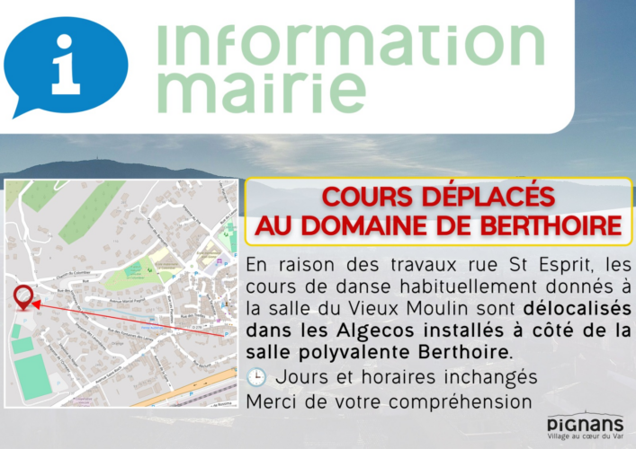 Affiche informative pour le déplacement des cours. Petite carte qui montre le déplacement