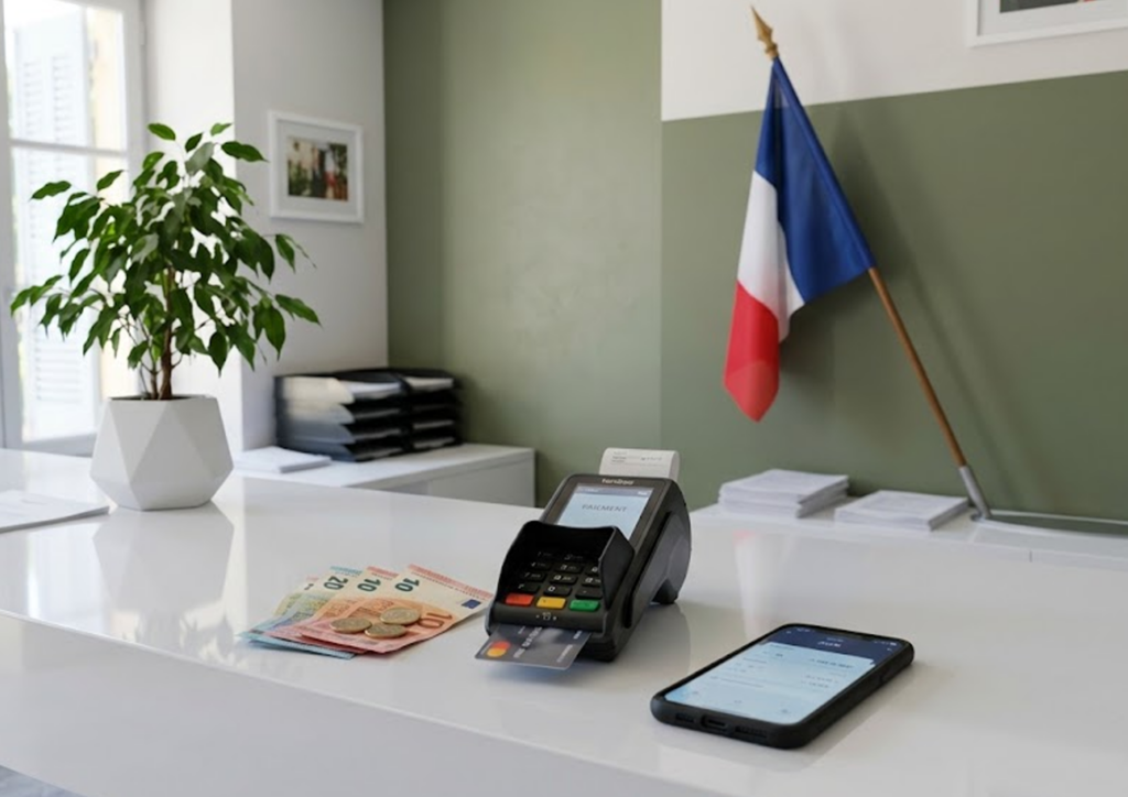 a desk with a phone and a flag on it