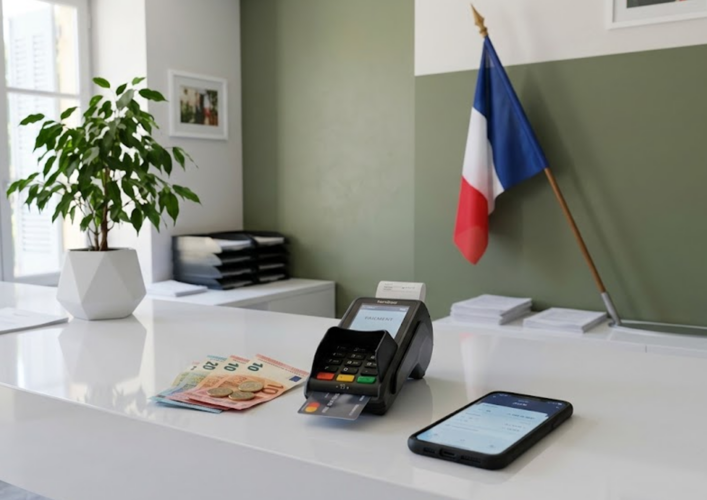 a desk with a phone and a flag on it