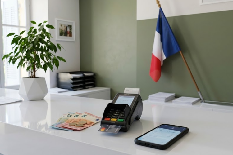 a desk with a phone and a flag on it