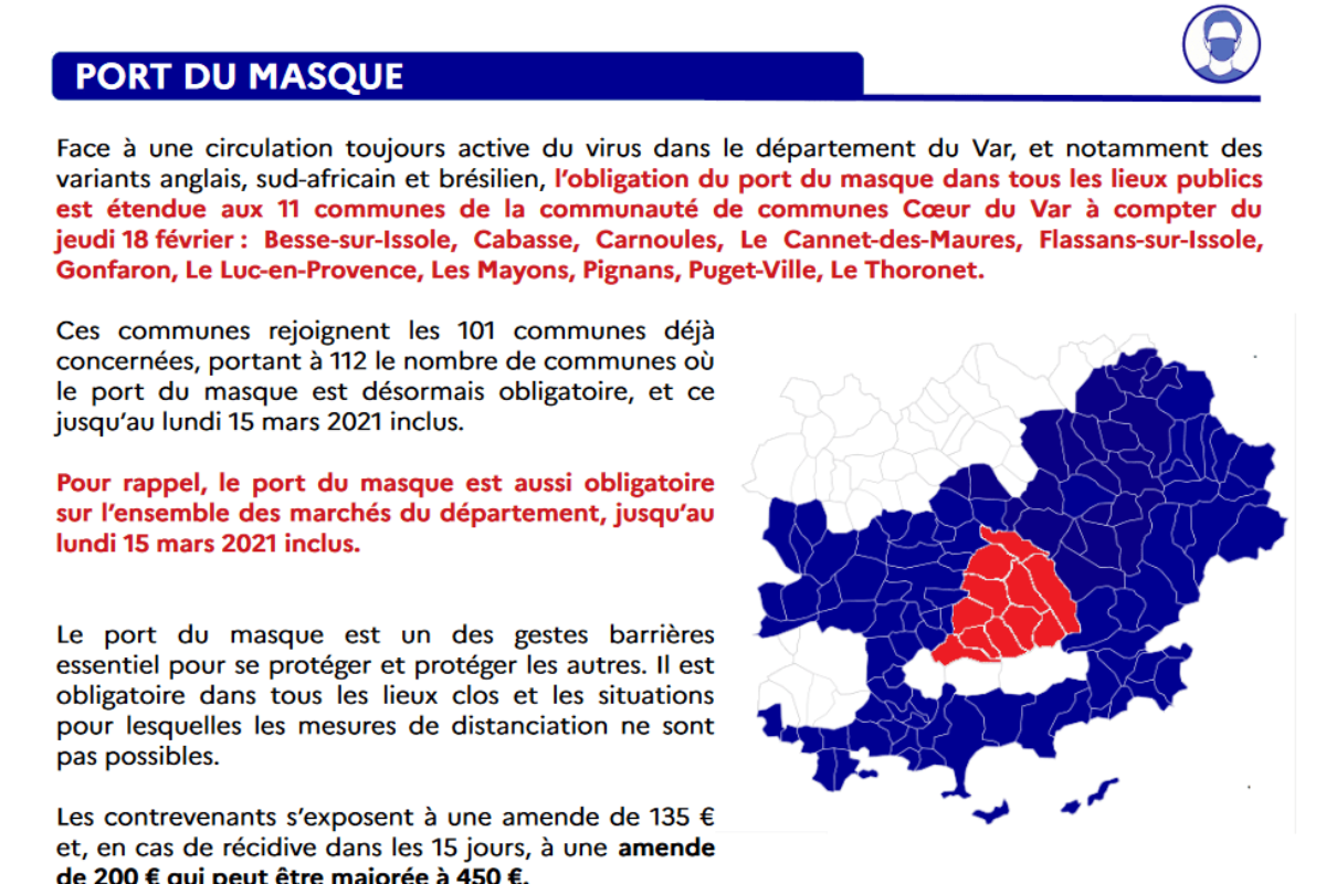 [Covid-19] Port du masque obligatoire étendu à tous les villages de Coeur du Var