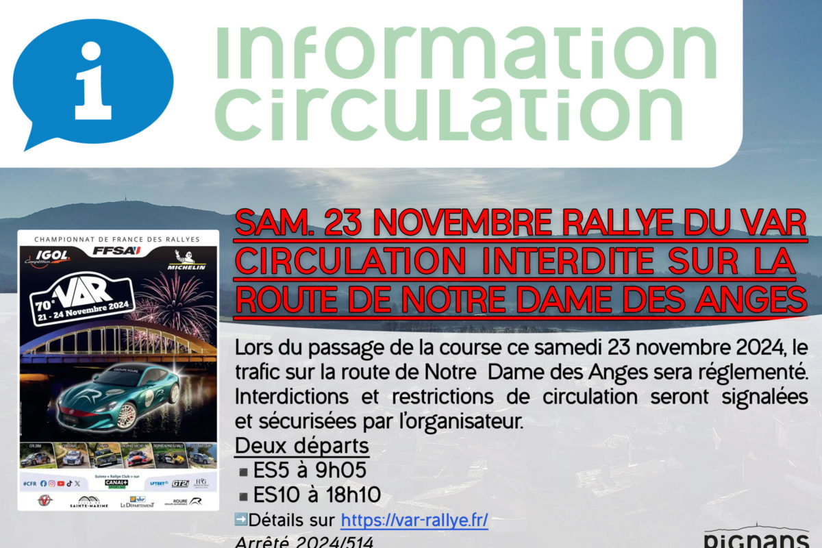 23 nov – Rallye du Var – Circulation interdite sur la route de Notre Dame des Anges