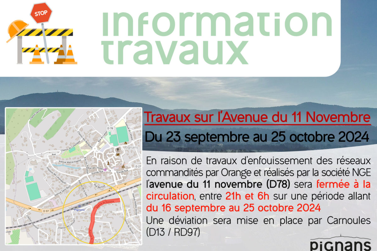 [Travaux] Avenue du 11 Novembre fermée entre 21h et 6h à partir du 23 septembre