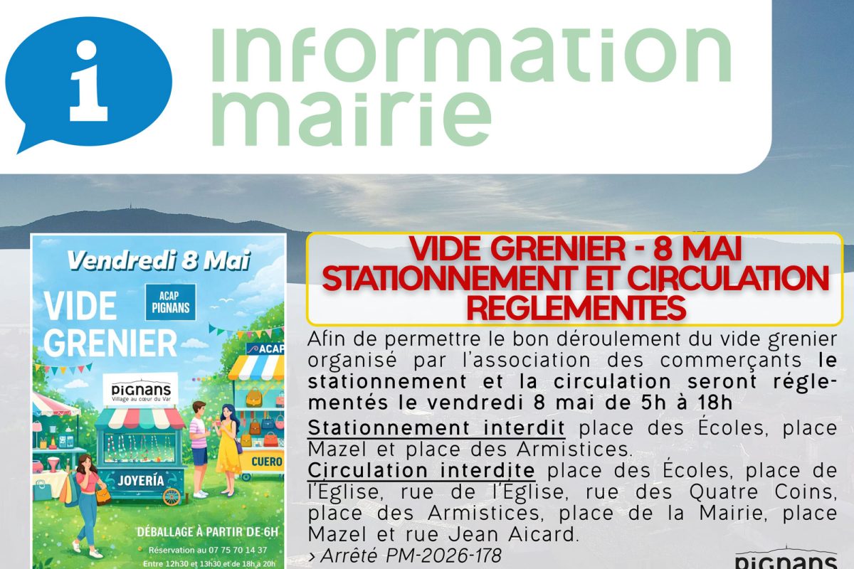 VIDE GRENIER DU 8 MAI – STATIONNEMENT ET CIRCULATION RÉGLEMENTÉS