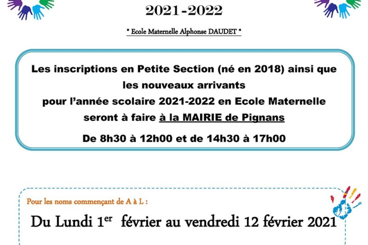 Inscriptions scolaires 2021-2022 – École Maternelle Alphonse Daudet