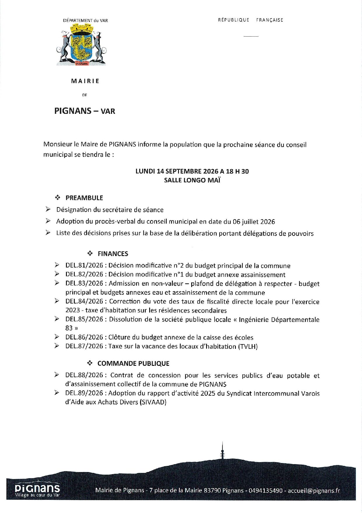 Avis de convocation à la séance du conseil municipal du 14 septembre 2026 – page 1 sur 2