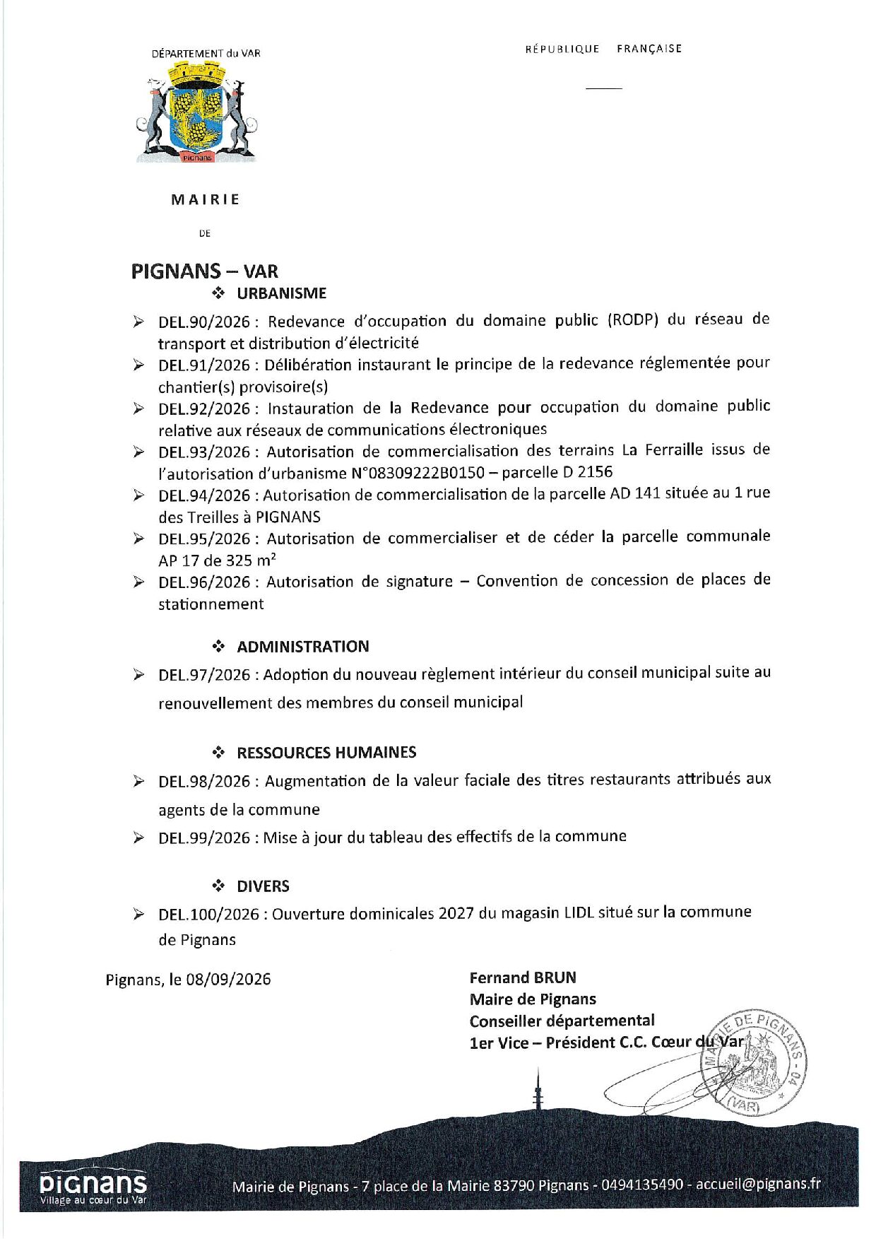 Avis de convocation à la séance du conseil municipal du 14 septembre 2026 – page 2 sur 2